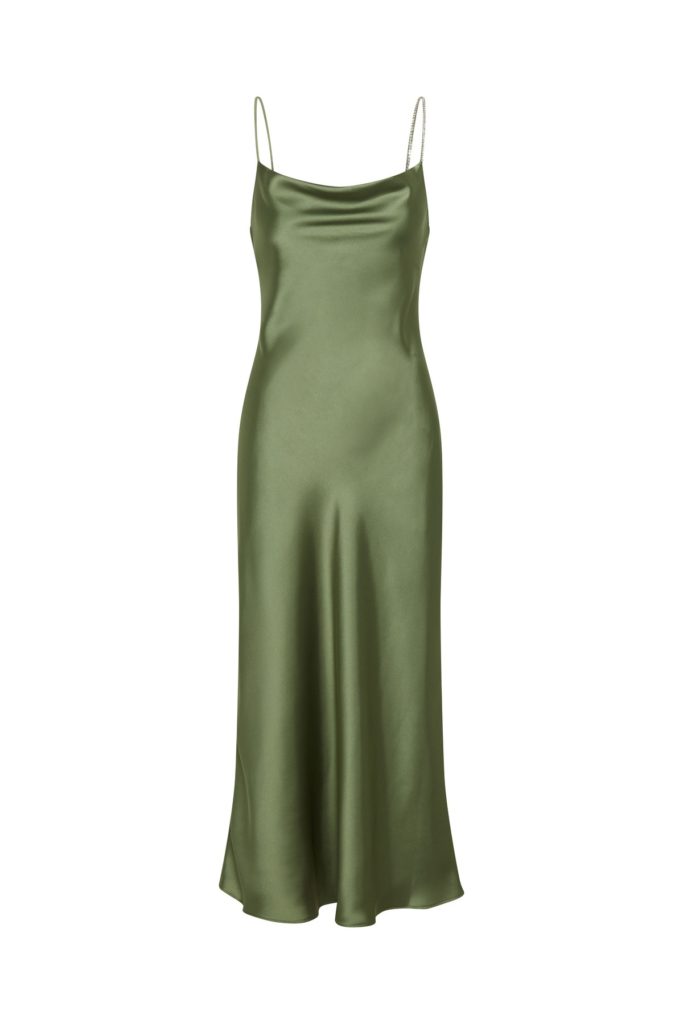 Image of a Chloe silk satin long dress in green color