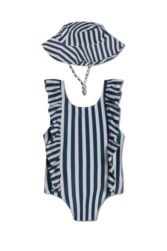 Black and white stripped beach dress alogn with hat for girl child
