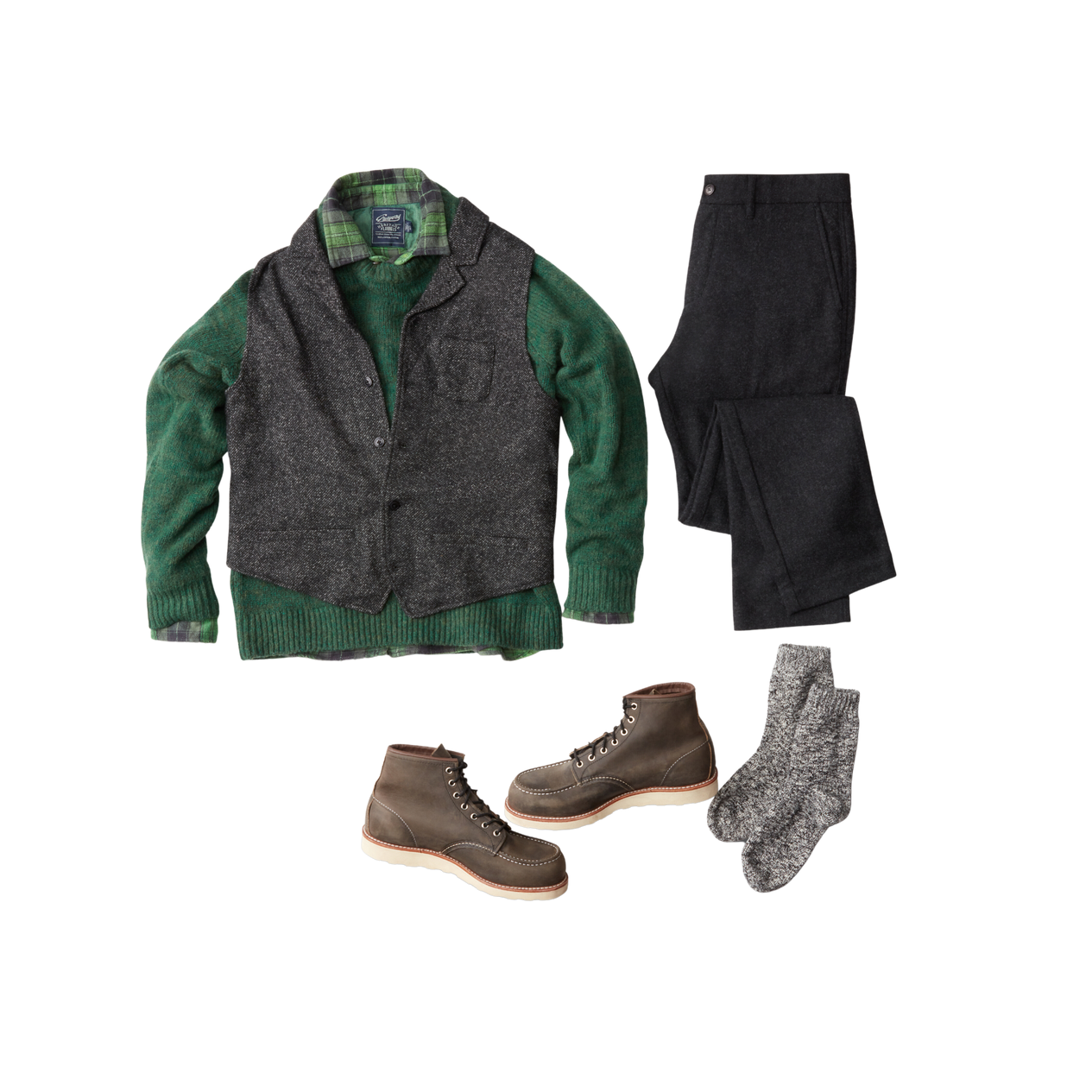 Image of shirt, T-shirt,over coat, shoe,socks and pants