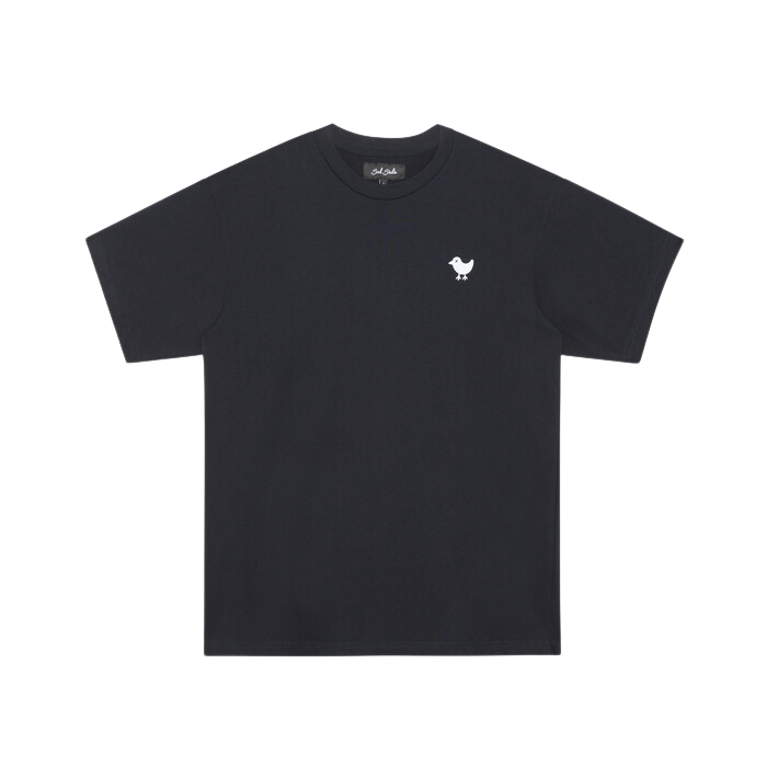Black tshirt with a small bird figure on it
