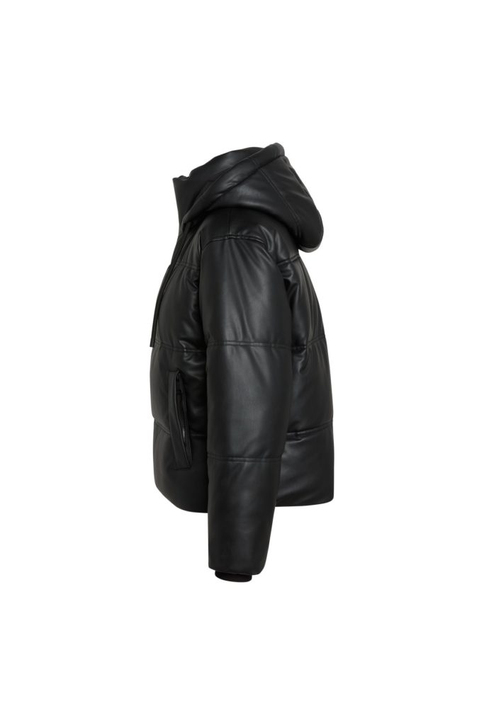 The side view image of a Hooded faux leather puffer jacket in black color