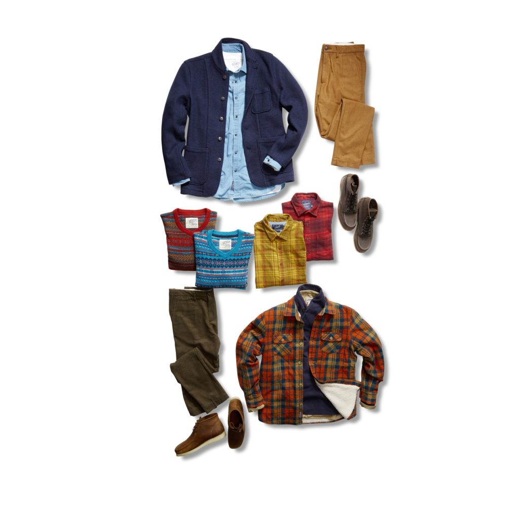 Image of shirts , sweaters , pants , coat and shoes