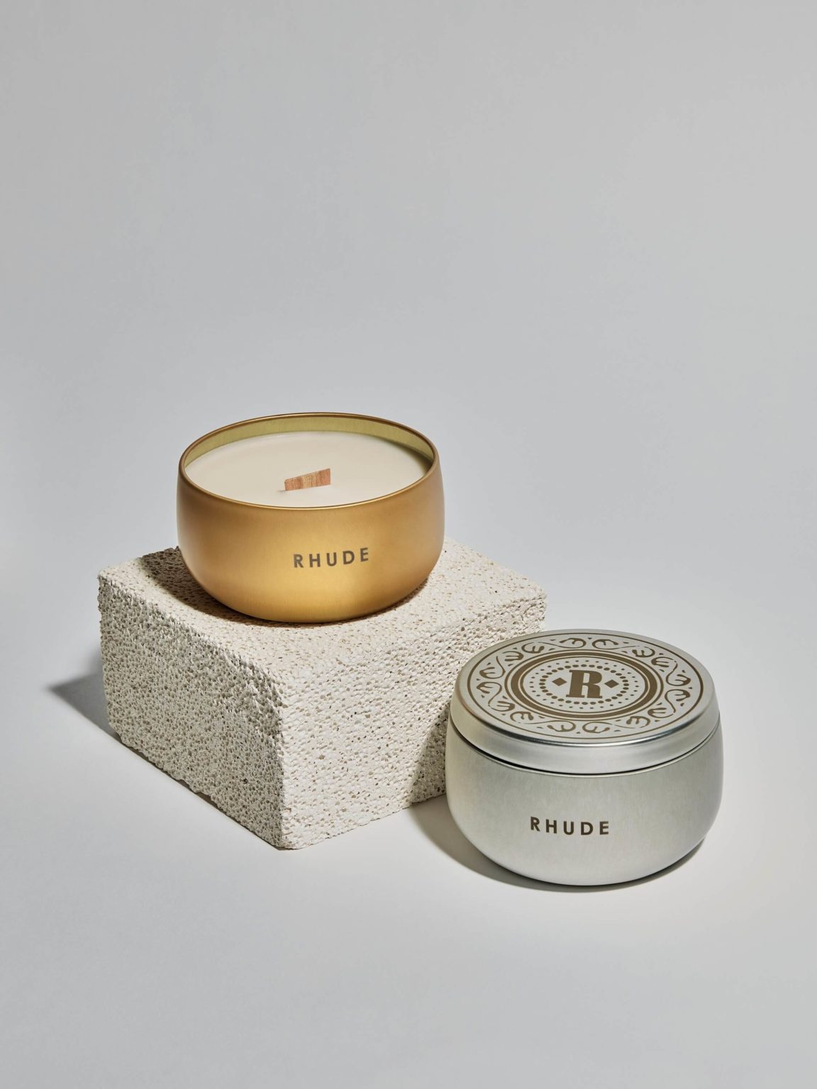 Rhude silver and gold tin candles
