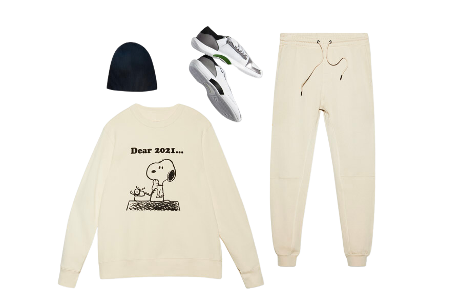 Image of black cap, shoes,biscuit color full sleeves T-shirt and track