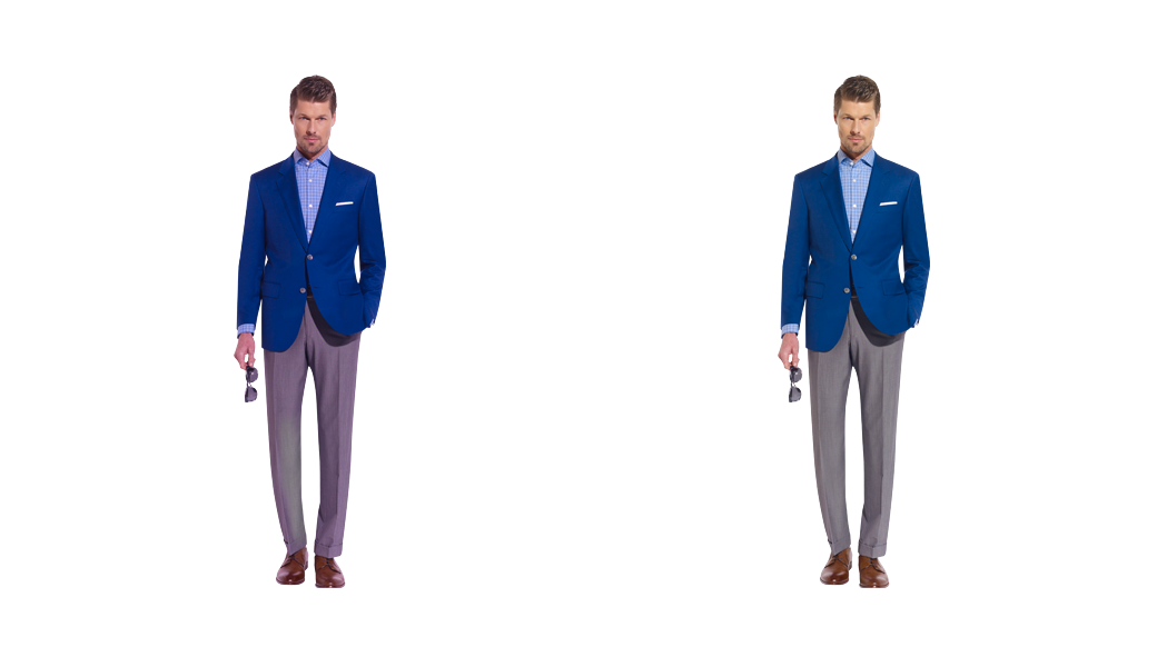 A male model with grey pant and blue coat with glasses in hands picture before and after Retouch