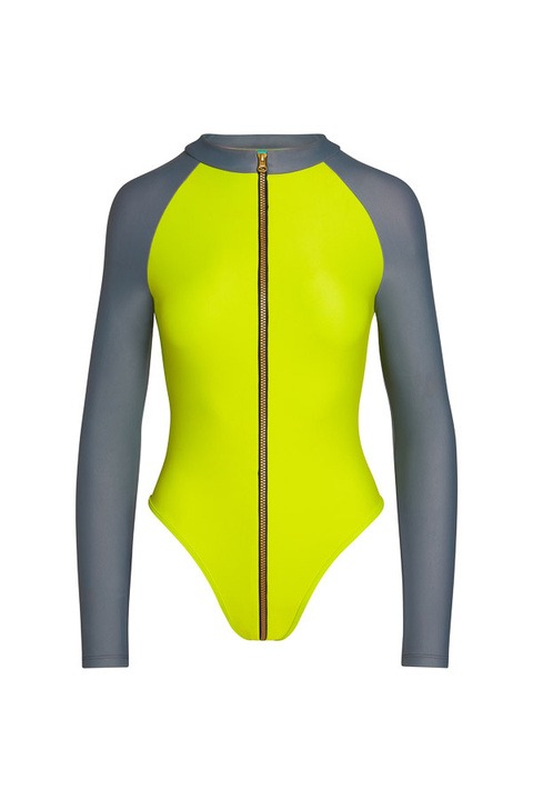 Image of a long sleeved grey and greenish shade swim suit